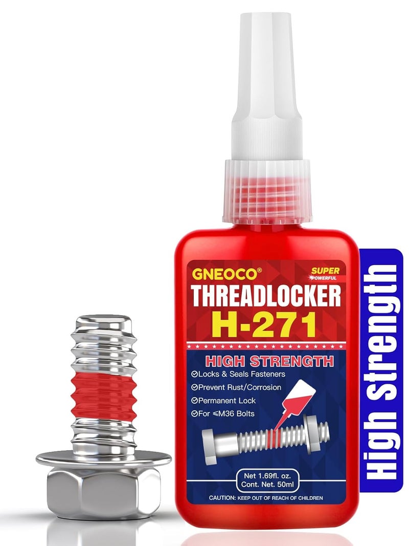 GNEOCO ThreadLocker Red, Thread Lock High Strength Lock Tight for Nuts, Bolts, Fasteners and Metals, Anaerobic Curing Metal Glue to Prevent Loosening and Corrosion (H271-50ml) - Image 1